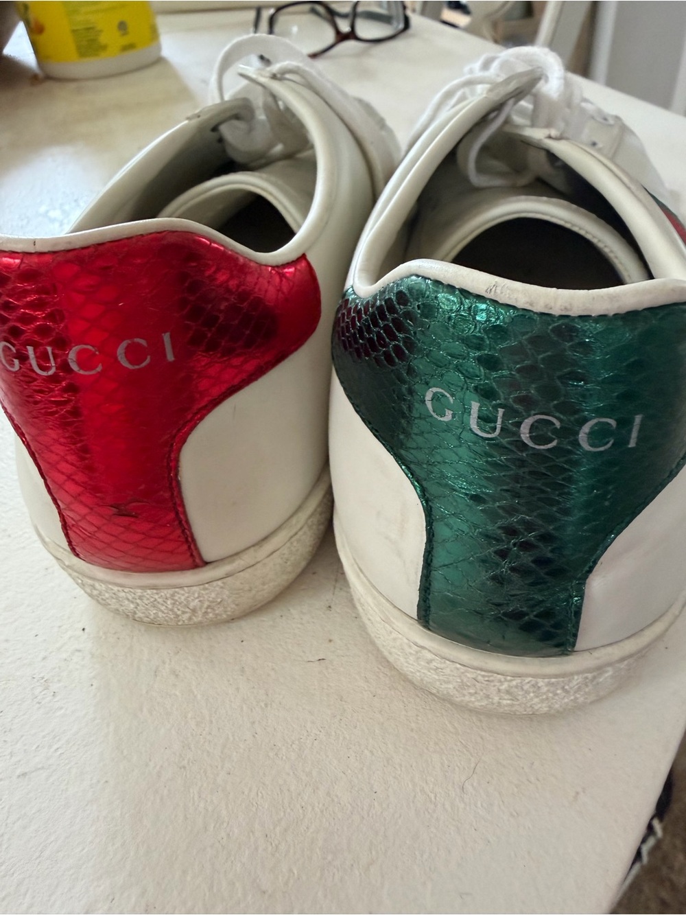 Gucci White Leather Sneakers with Red & Green Metallic Heel Panels